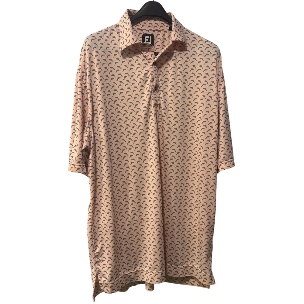 FootJoy Mens Dolphin Print Performance Golf Polo Shirt Peach Pink Size Large FJ - Picture 1 of 3